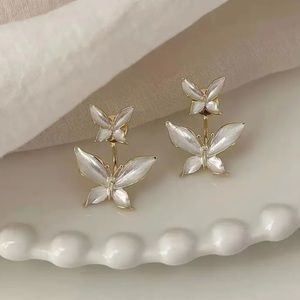 Double Exquisite Butterfly Design With White Synthetic Gems Decor Stud Earrings
